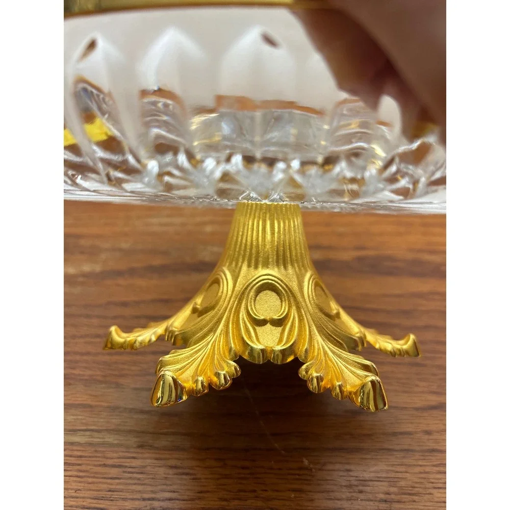 Vintage Cut Glass‎ 3 Section Candy Dish Gold Rim Ornate Footed Pedestal Base